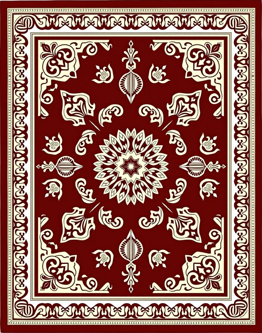 Crimson Cream Floral Medallion Border Rug