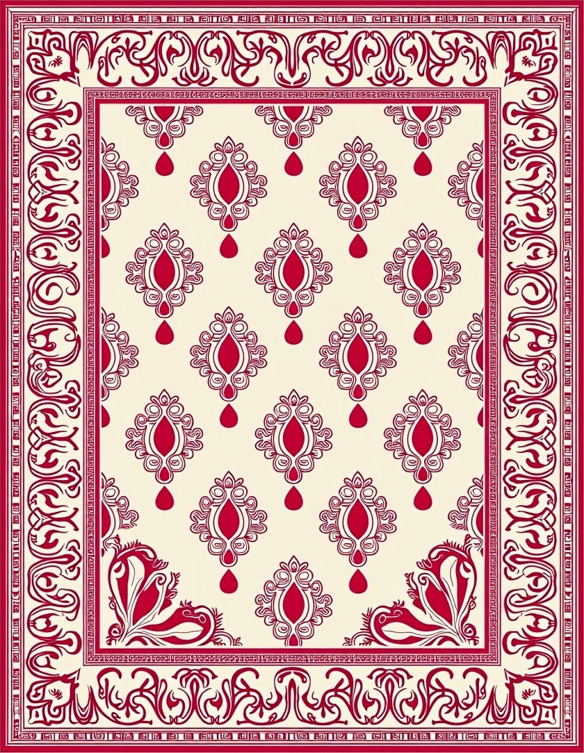 Crimson Medallion Bordered Cream Rug
