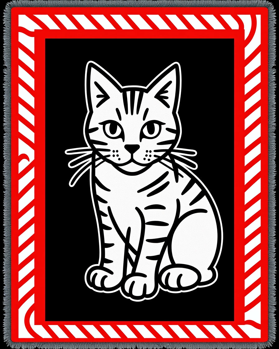 Bold White Cat Black Red Stripes Rug