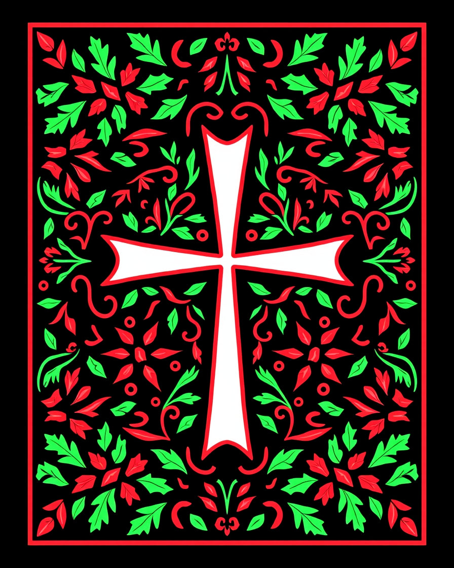 Floral Cross Red Green Black Icon Rug