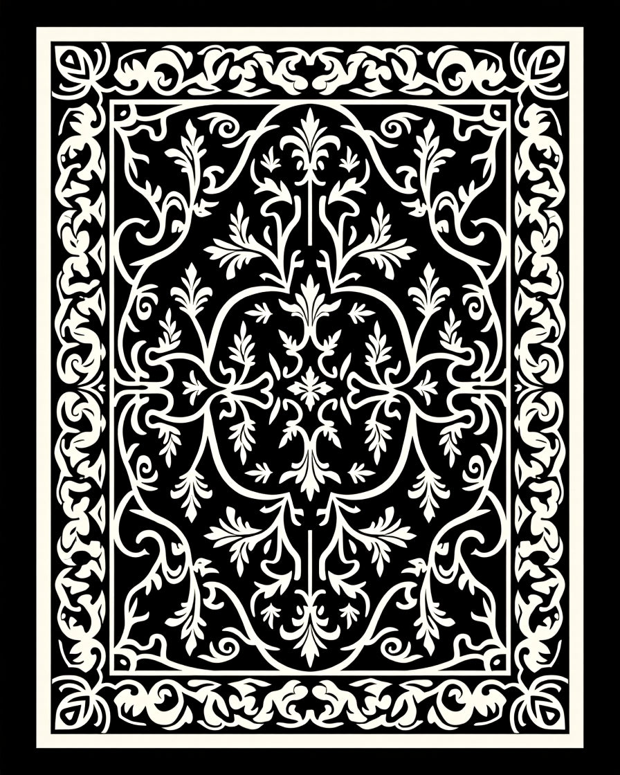 Black White Filigree Scrollwork medallion Rug