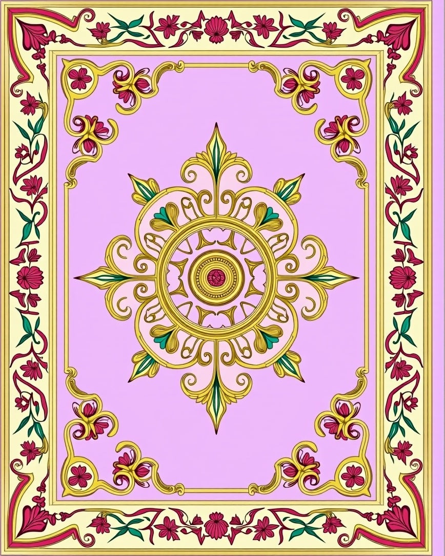 Ornate Pink Floral Gold Medallion Rug