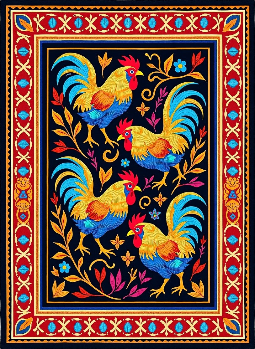 Vibrant Roosters Floral Border Rug