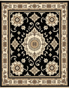 Black Cream Elaborate Floral Medallion Rug