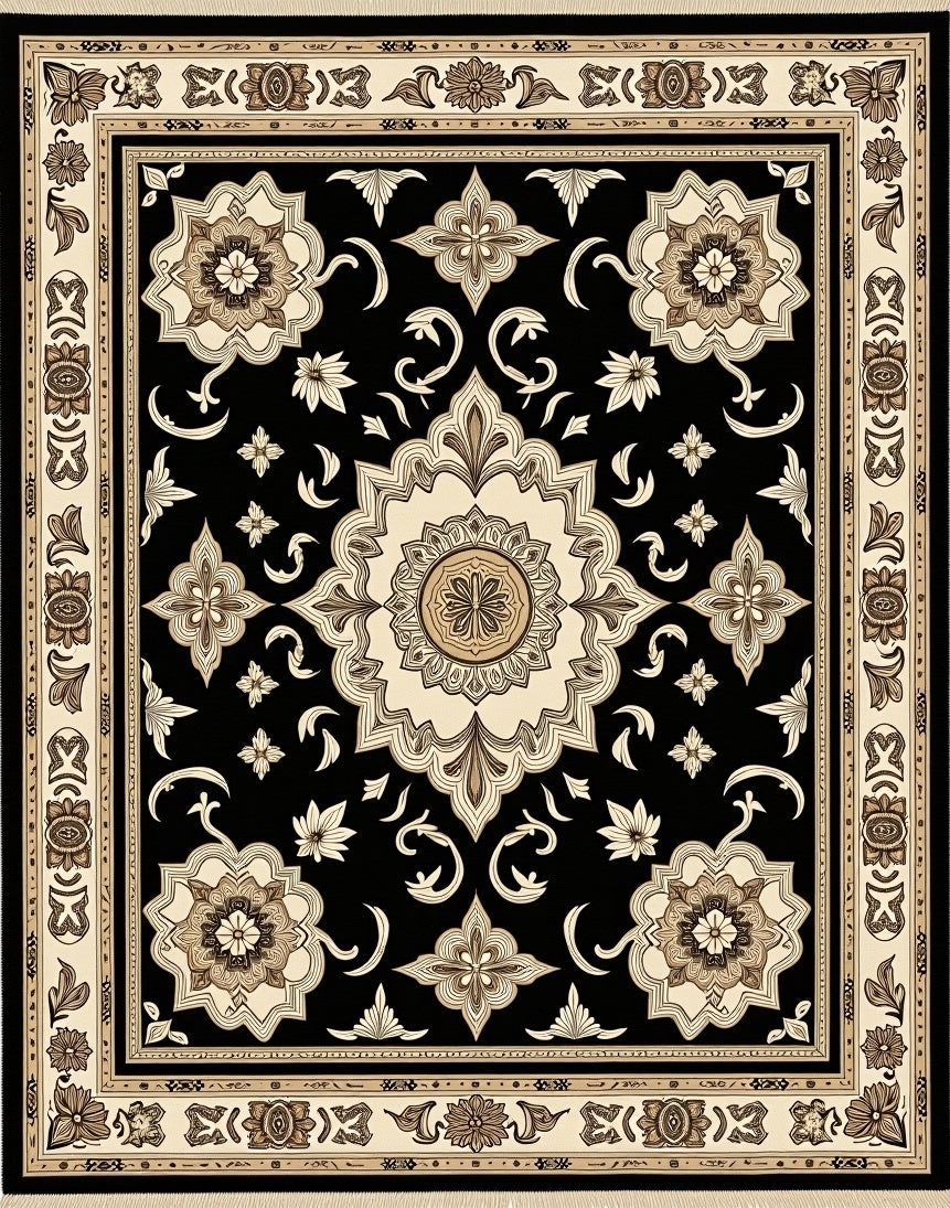 Black Cream Elaborate Floral Medallion Rug
