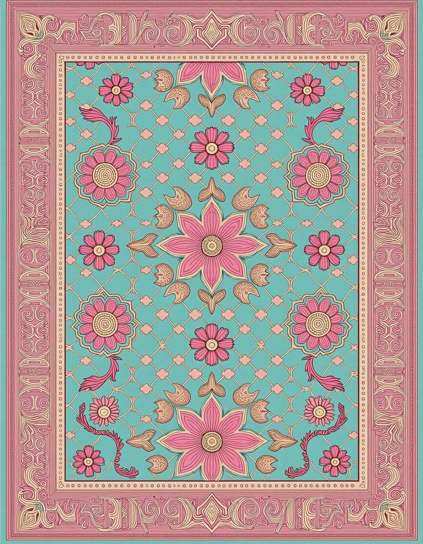 Vintage Teal Pink Floral Mandala Rug