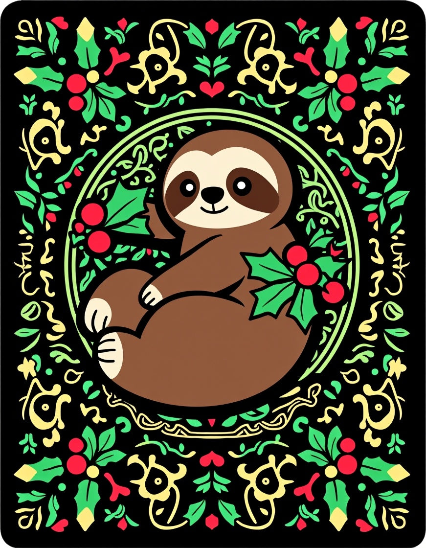 Festive Sloth Holly Berry Circle Rug