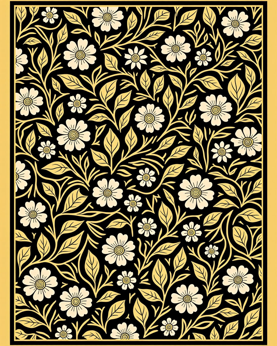 Cream and Gold Floral Vine Art Deco Rug