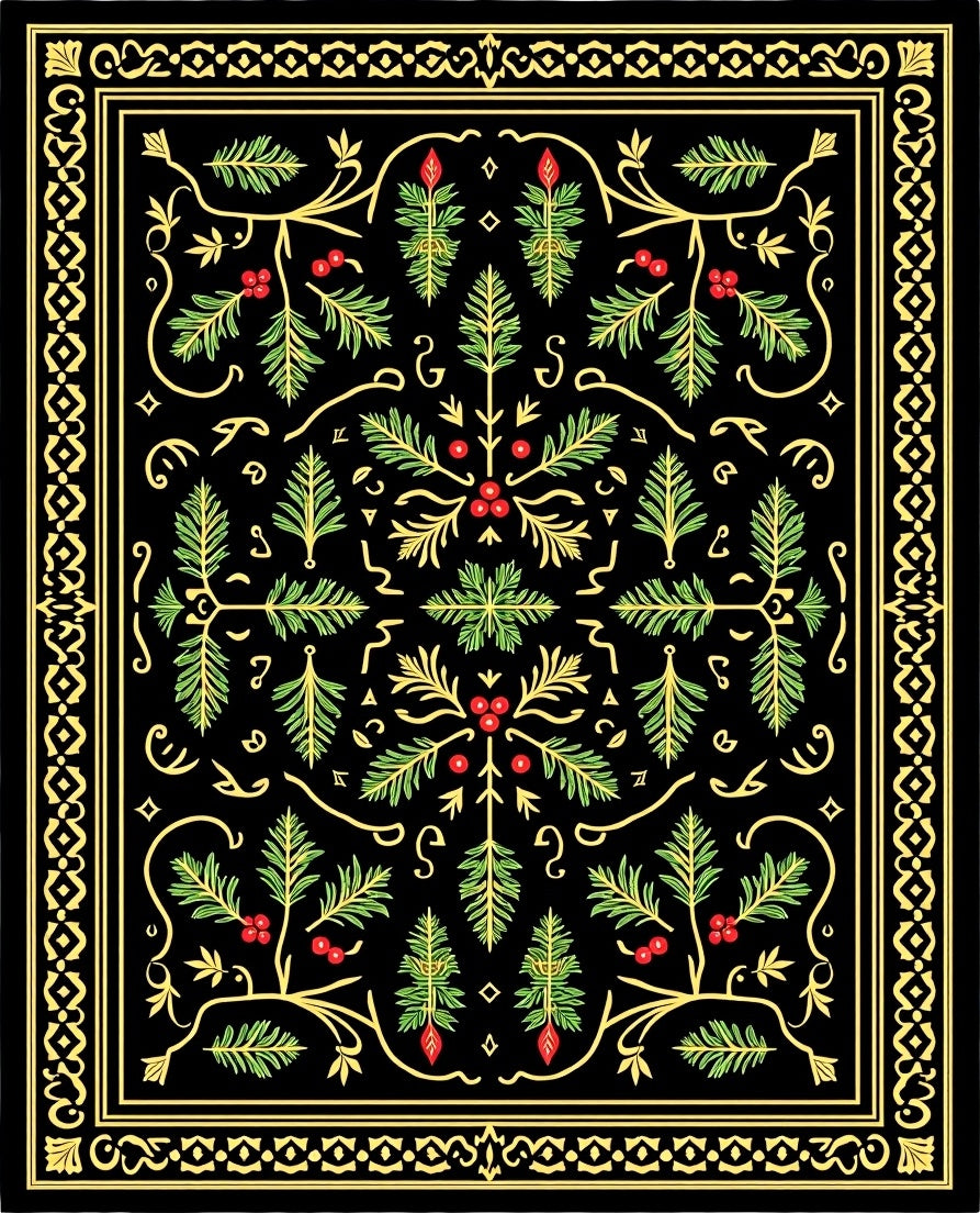 Ornate Black Evergreen Berry Garland Rug