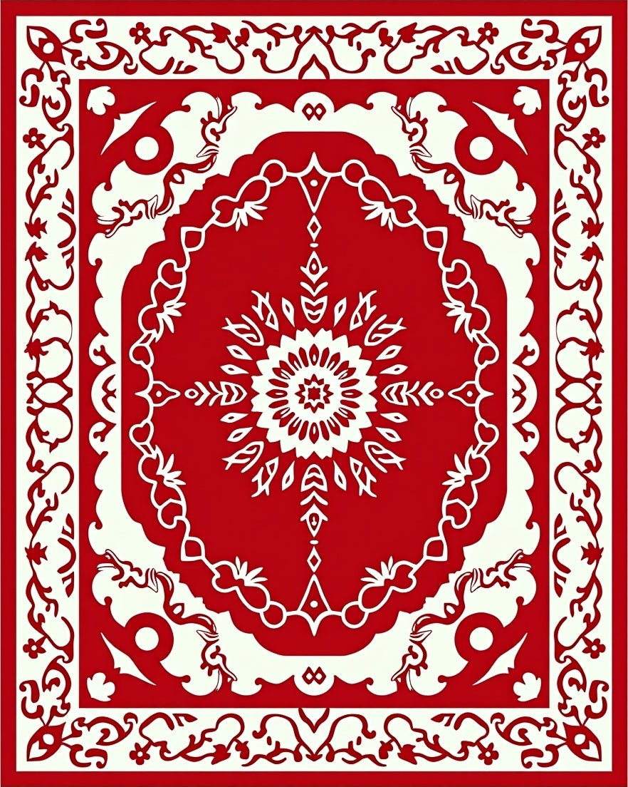 Red Cream Floral Medallion Border Rug