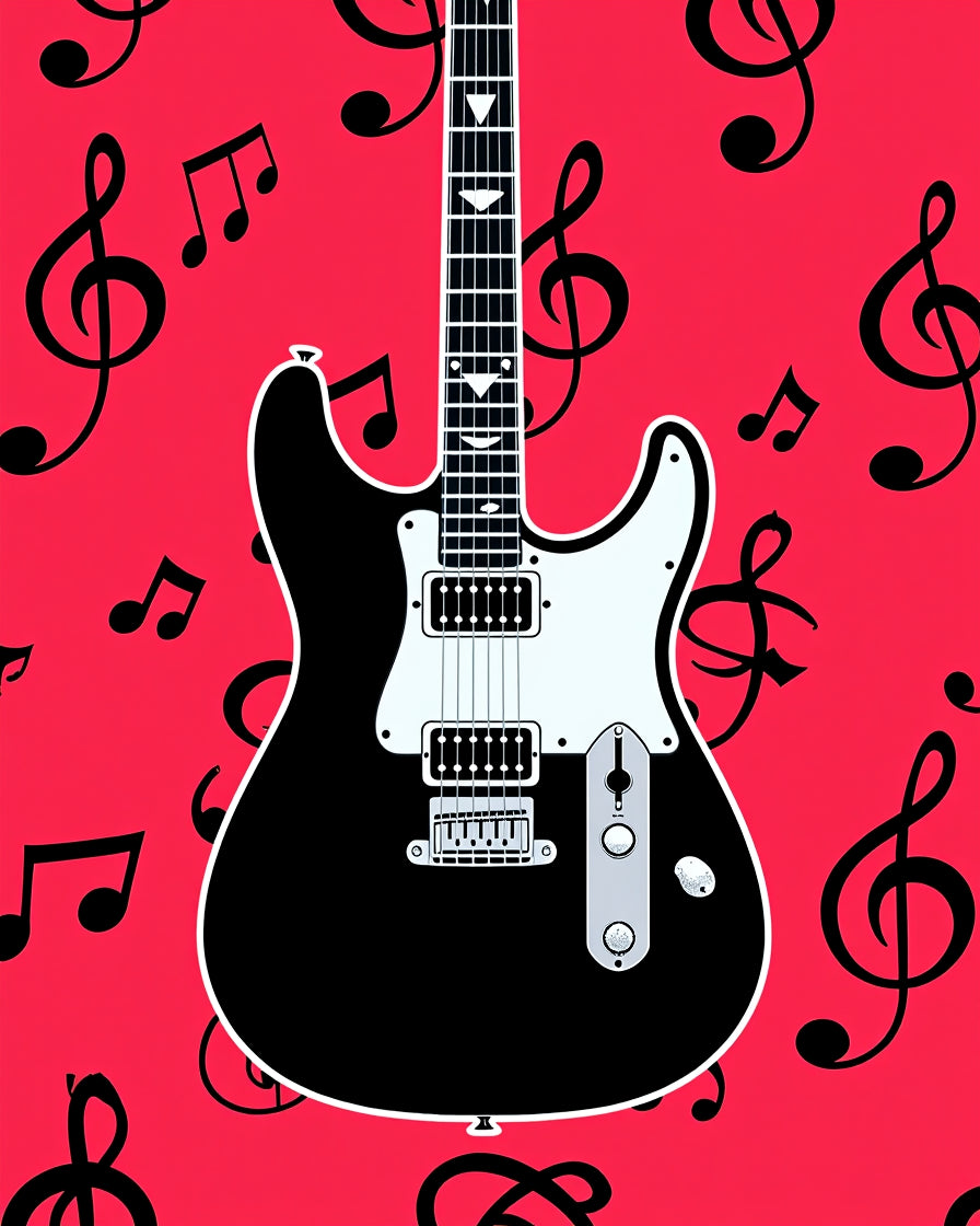 Bold Red Electric Guitar Music Notes Rug