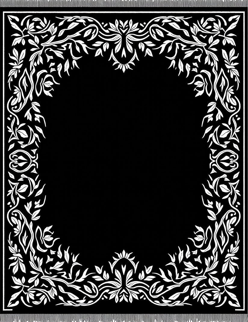 Elegant White Floral Border Black Rug