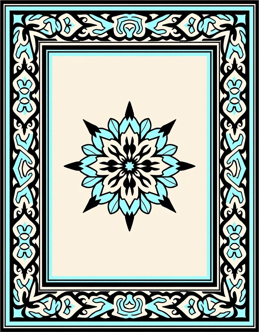 Light Beige Aqua Medallion Frame Rug