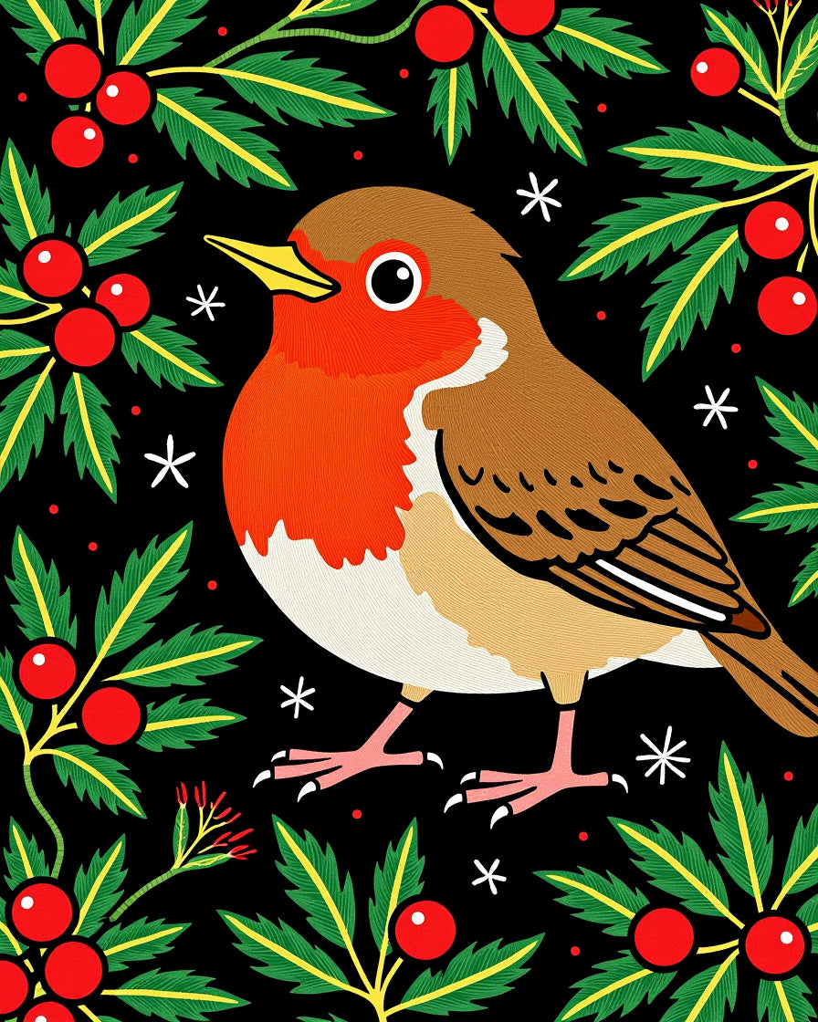 Whimsical Robin WithHolly Berries And Stars Rug