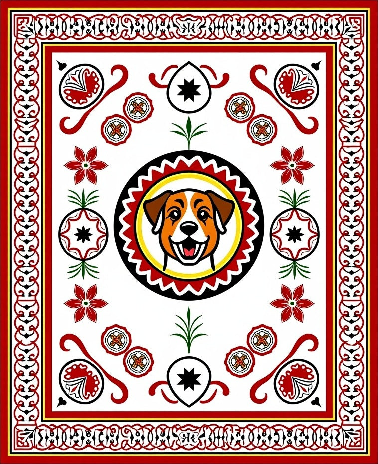Red And White Happy Dog Floral Border Rug