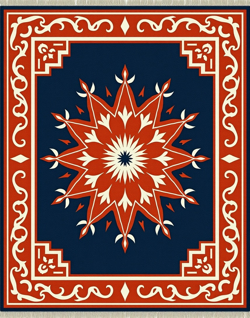 Crimson Starburst Geometric Border Rug