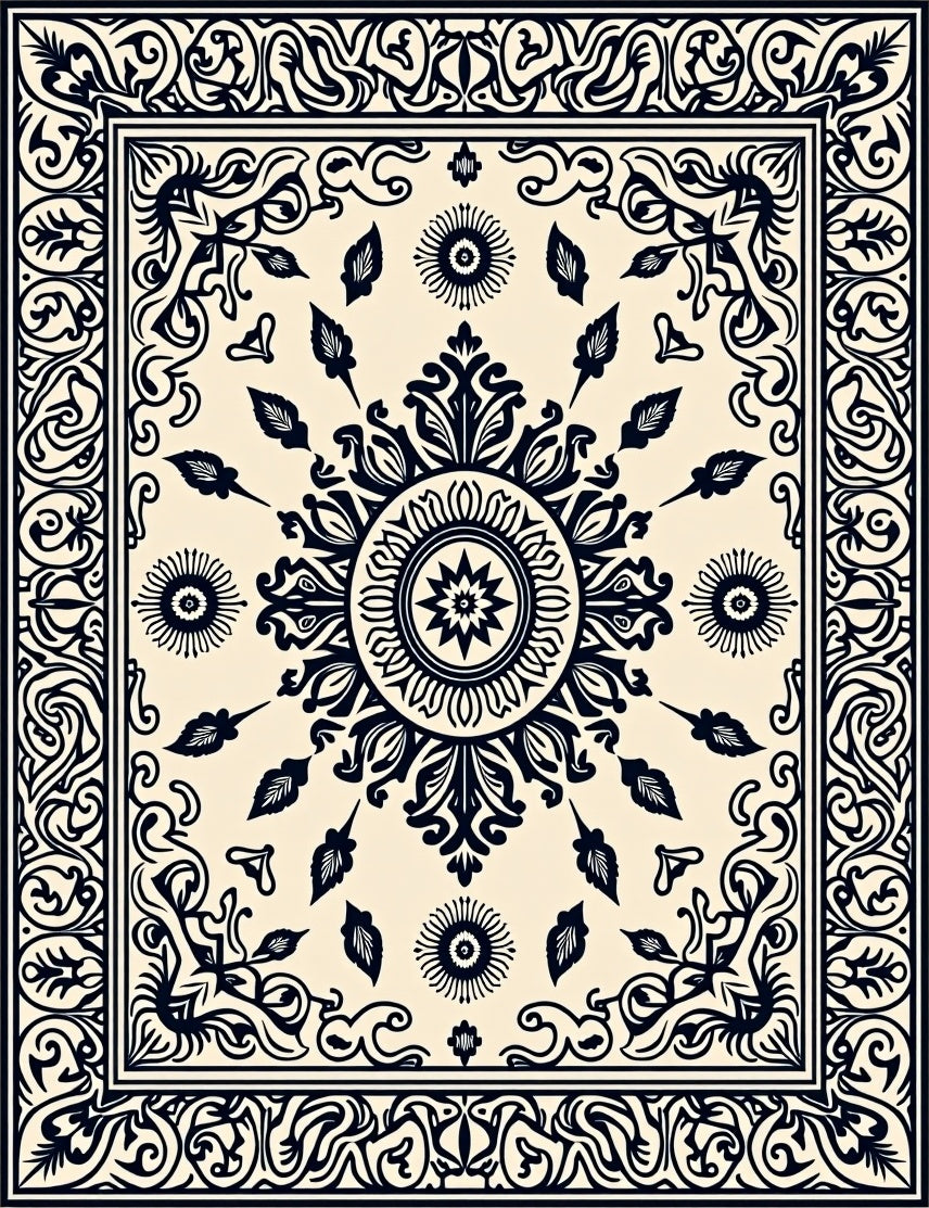 Cream and Navy Ornamental Floral Medallion Rug