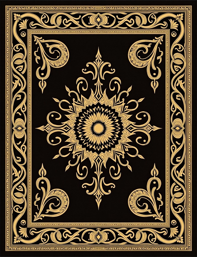 Grand Black Gold Medallion Border Rug