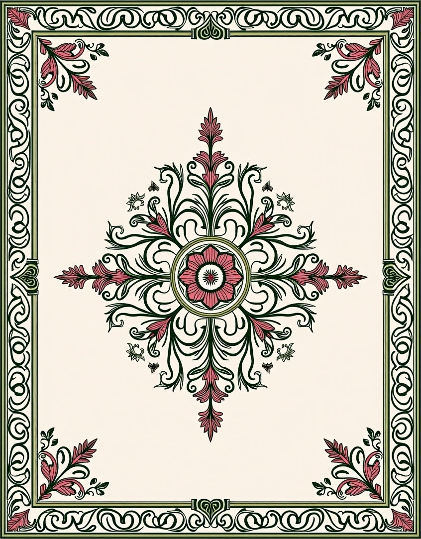 Pink Floral Green Border Medallion Rug