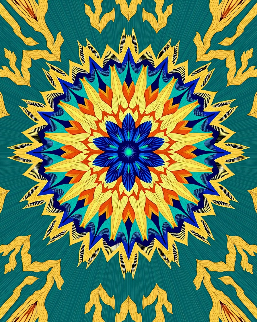 Vibrant Teal Yellow Blue Floral Mandala Rug