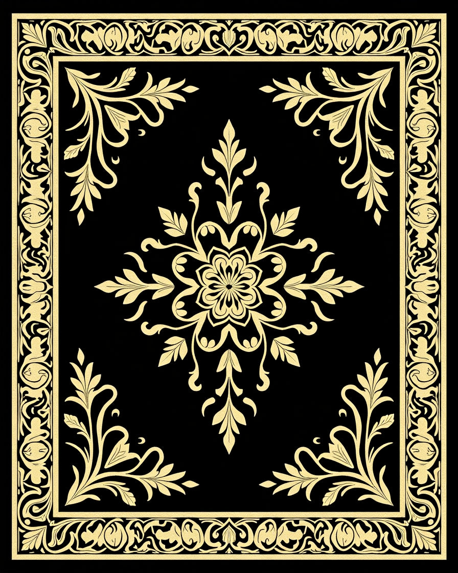 Golden Floral Medallion Black Lace Rug