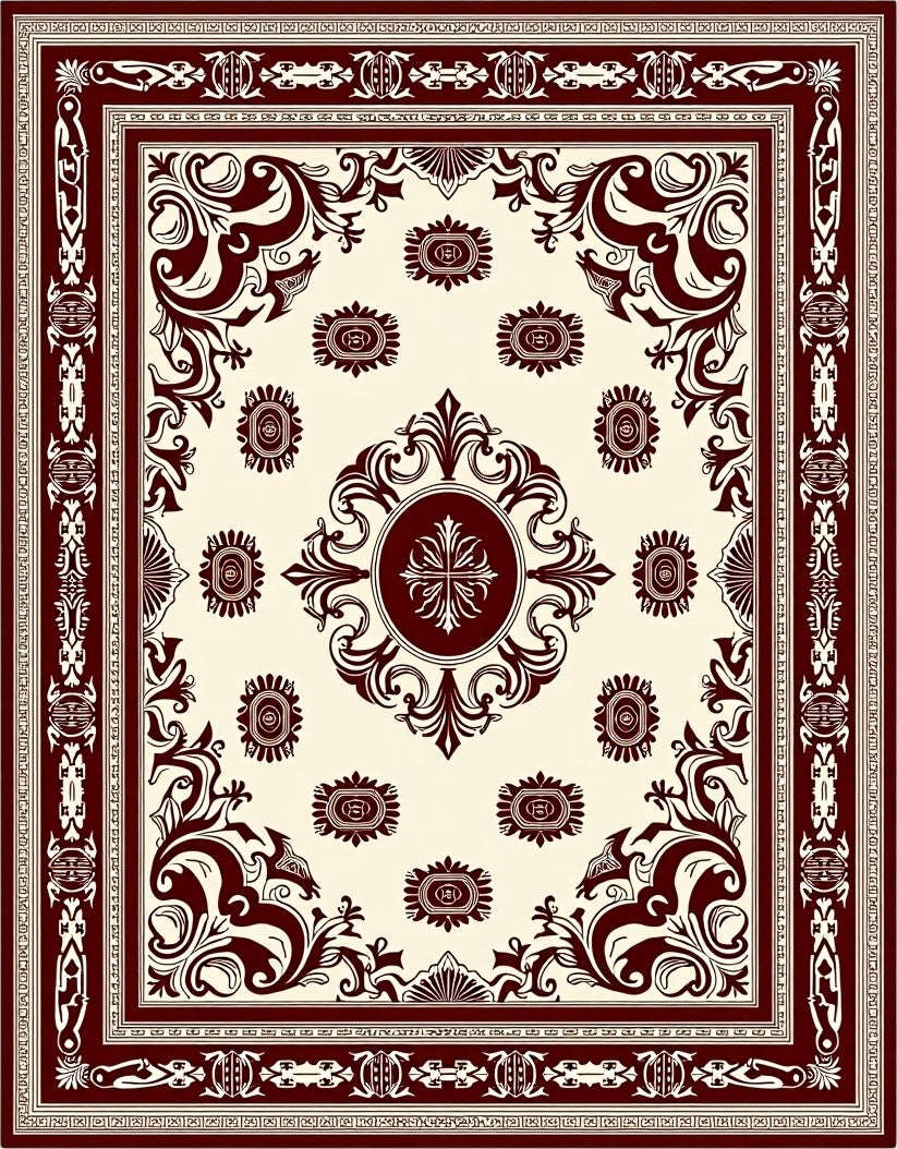 Deep Crimson Damask Scroll Square Rug
