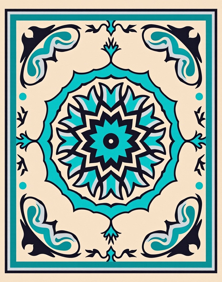 Turquoise Floral Medallion Cream Border Rug