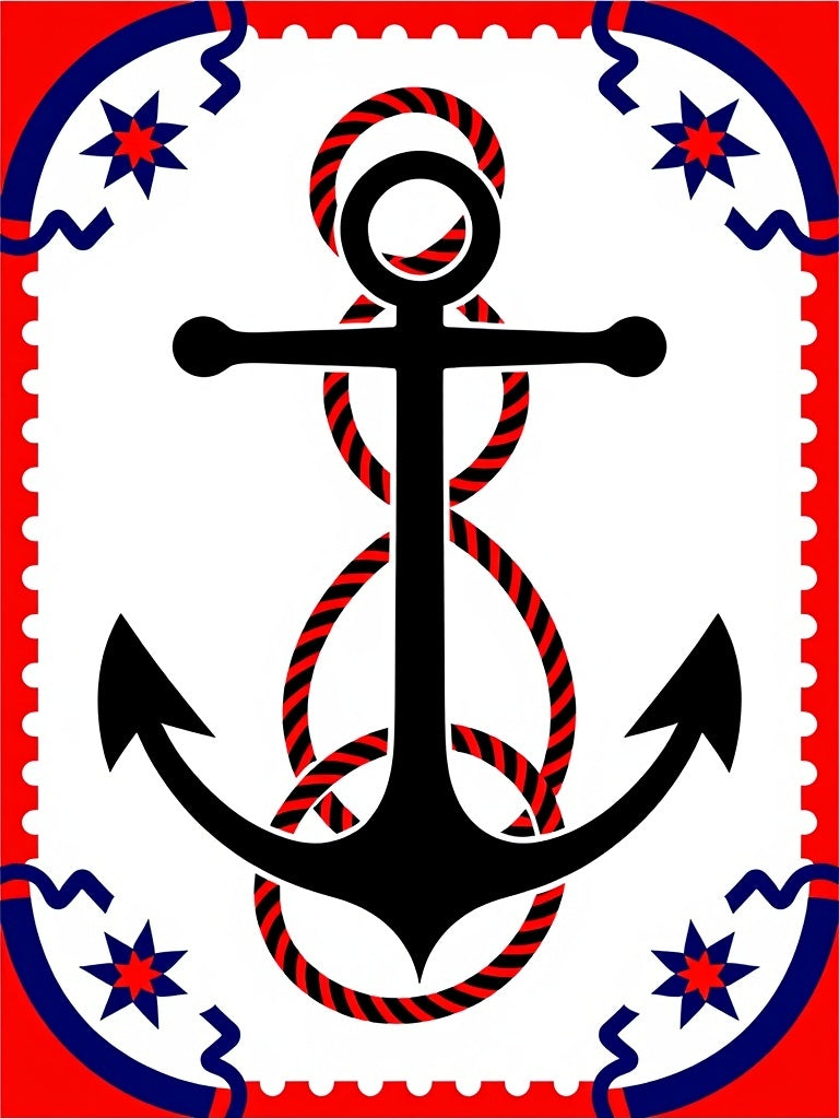 Nautical Black Red Anchor Rope Border Rug