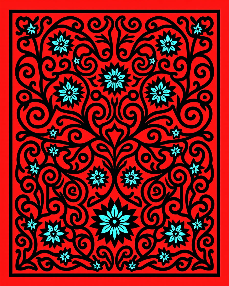 Red Black Teal Floral Swirl Harmony Rug
