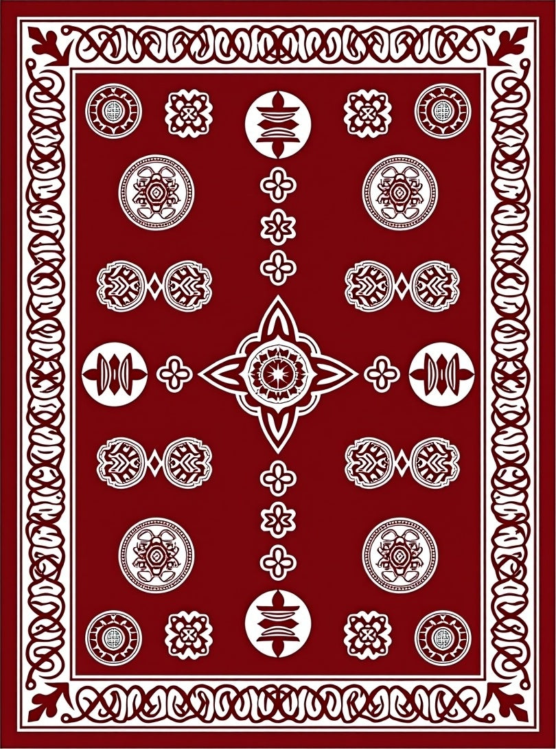 Deep Red Geometric Medallion Border Rug
