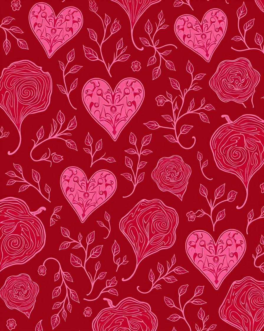 Crimson Pink Heart Floral Vine Rug