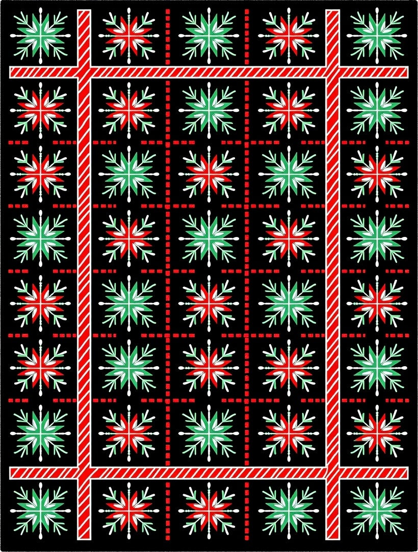 Red Green Snowflake Bordered Grid Rug