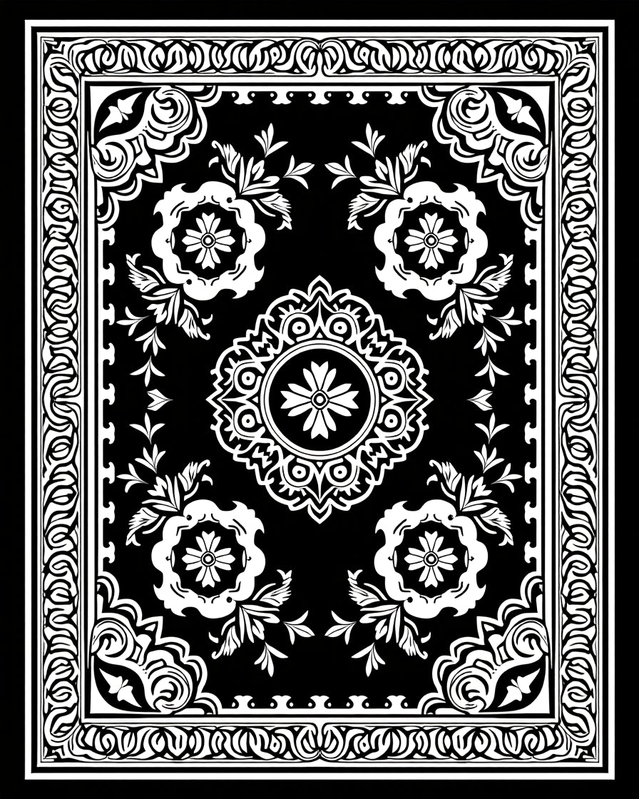 Bold Black and White Floral Medallion Rug