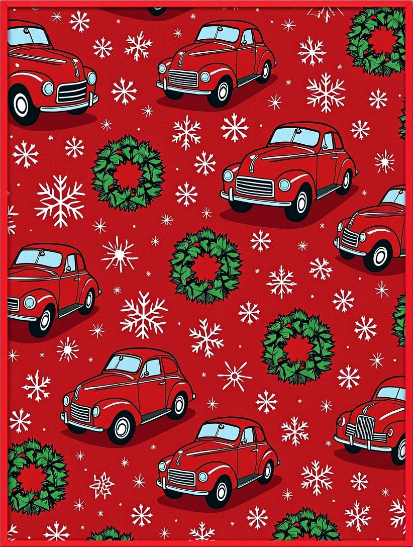 Red Vintage Cars Christmas Snowflakes Wreaths Rug