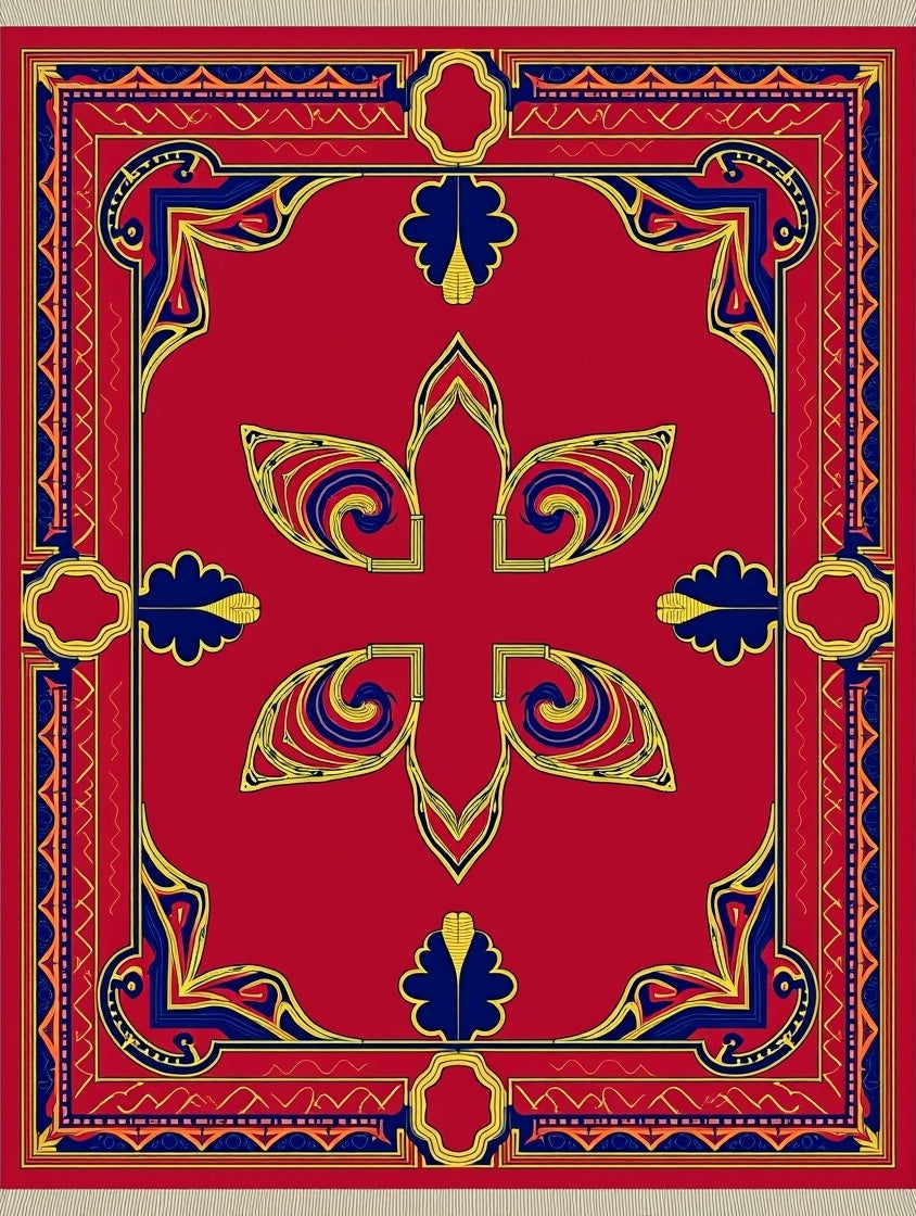 Bold Red Blue Golden Floral Frame Rug