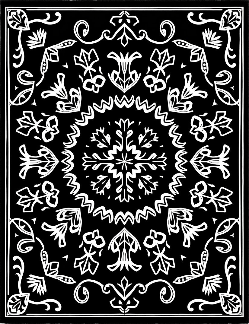 Black White Floral Medallion Mandala Rug