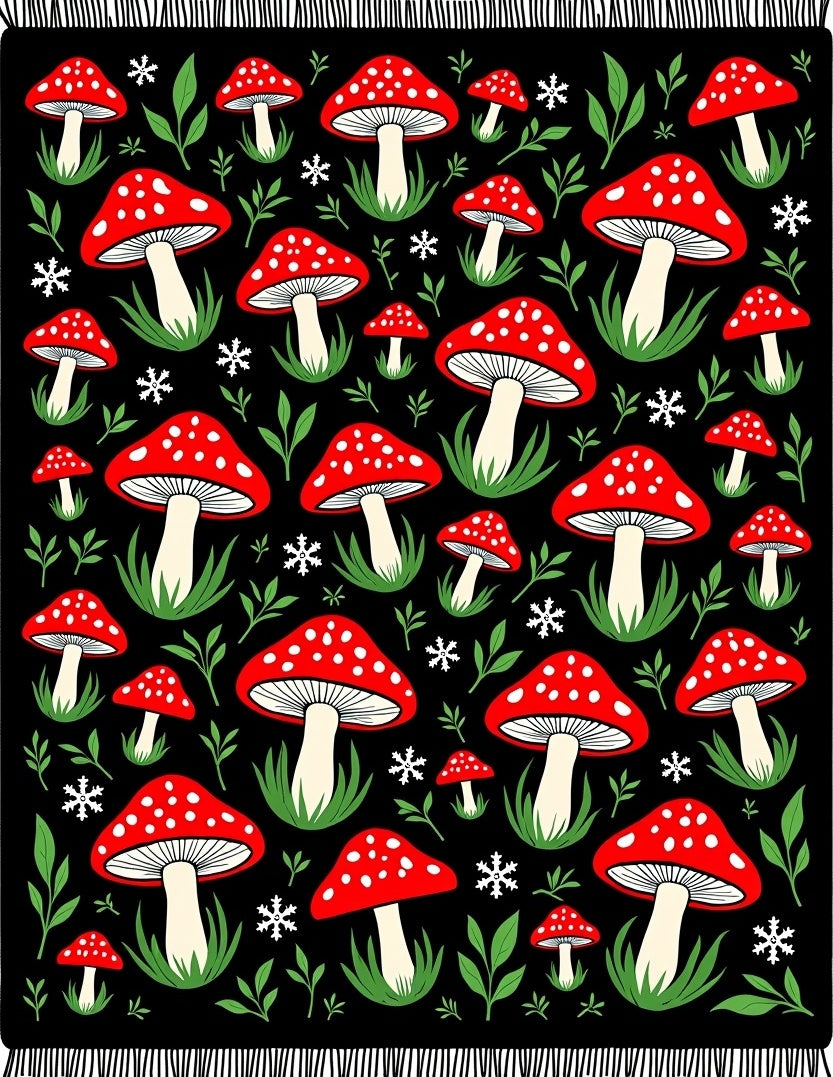 Whimsical Red Mushroom Black Woodland Rug