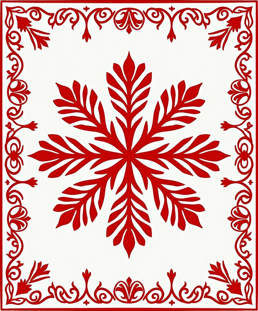 Crimson Snowflake Bordered Art Rug