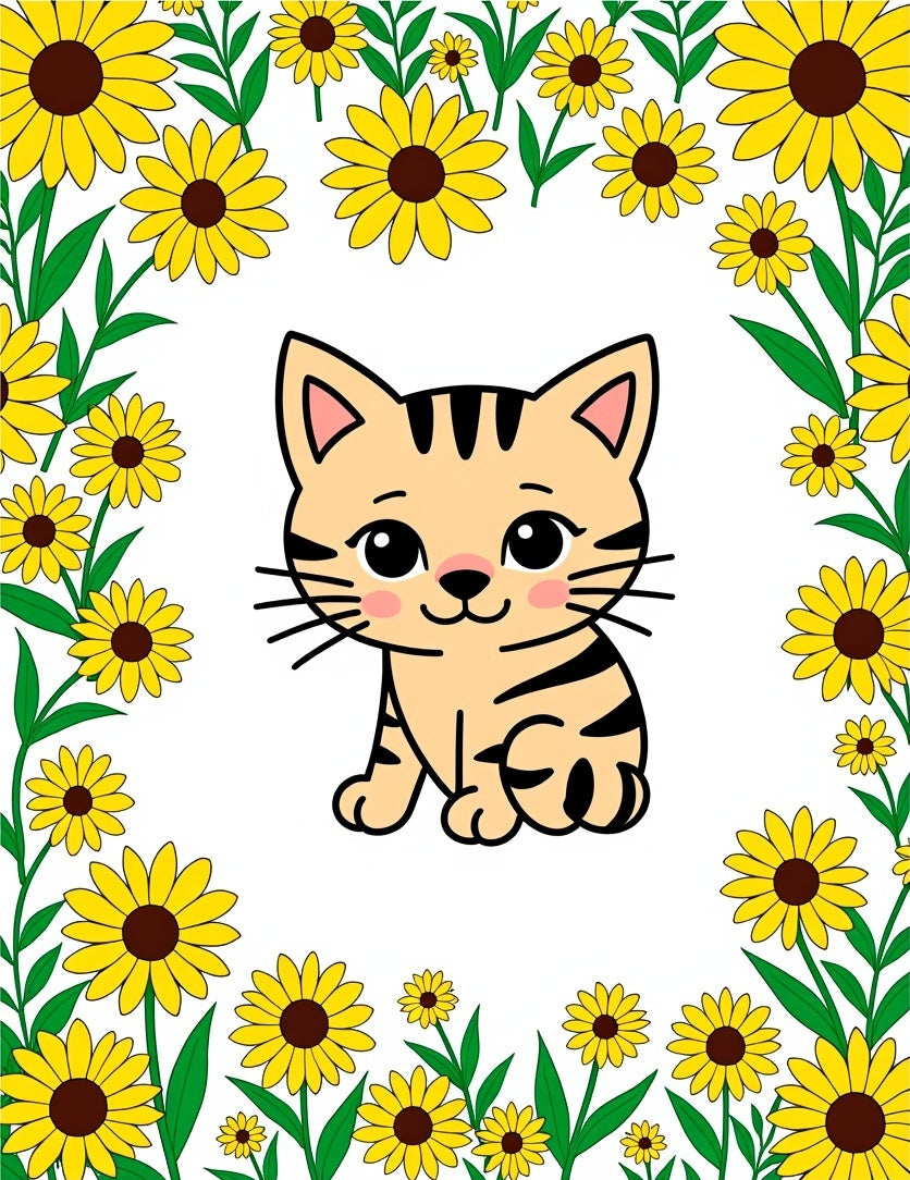 Cute Cat with Yellow Sunflower Border Rug