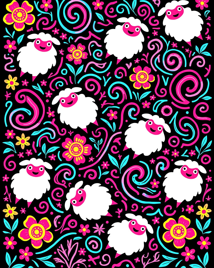 Whimsical Sheep Floral Swirl Rug