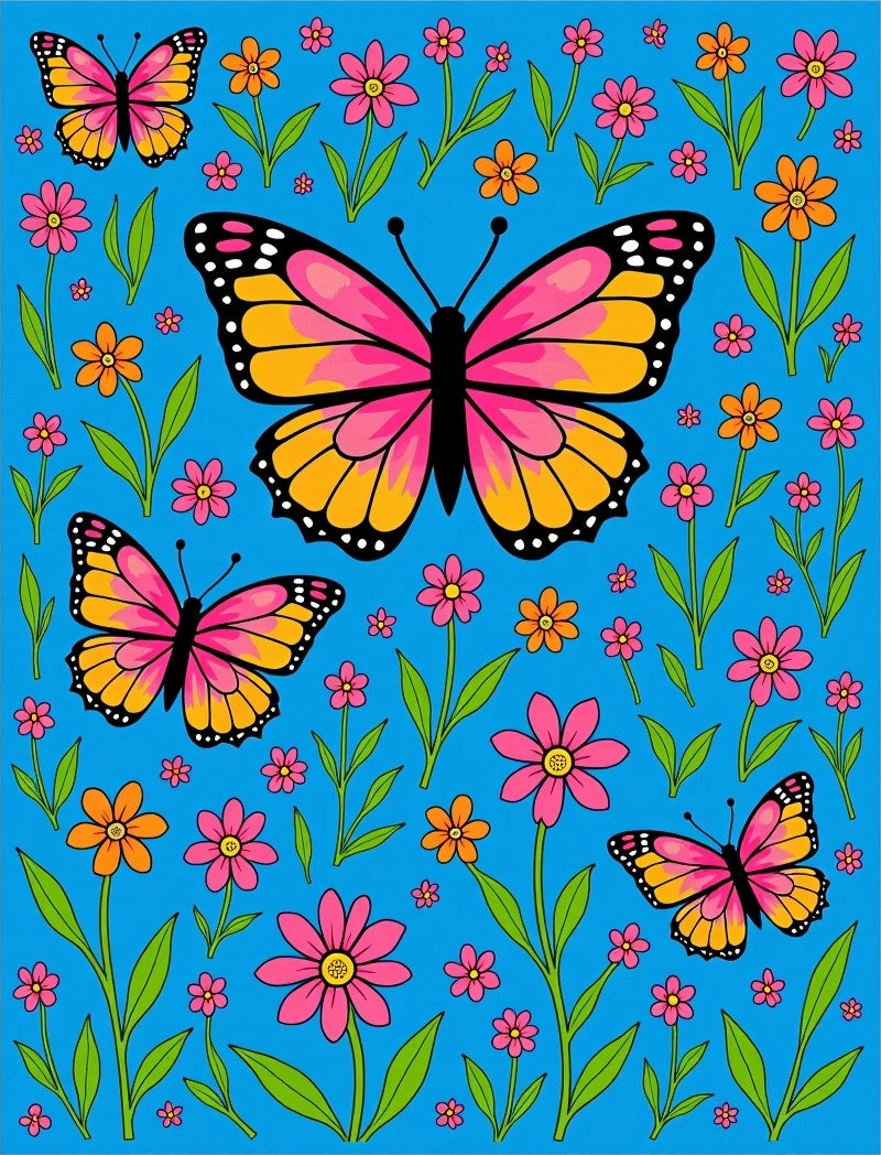Pink Orange Butterfly Floral Surround Rug
