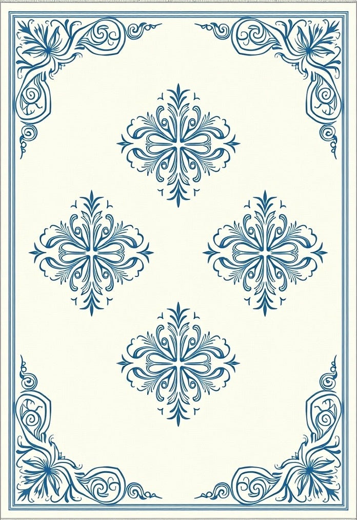 Ivory Blue Floral Medallion Border Rug