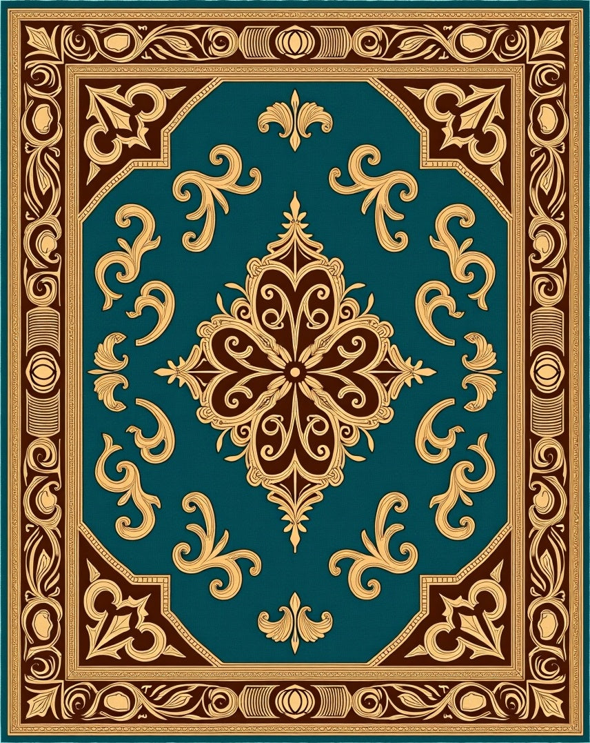 Ornate Teal Gold Floral Medallion Rug