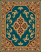 Ornate Teal Gold Floral Medallion Rug