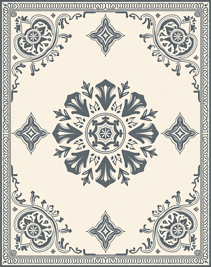 Ornate Cream Gray Floral Medallion Rug