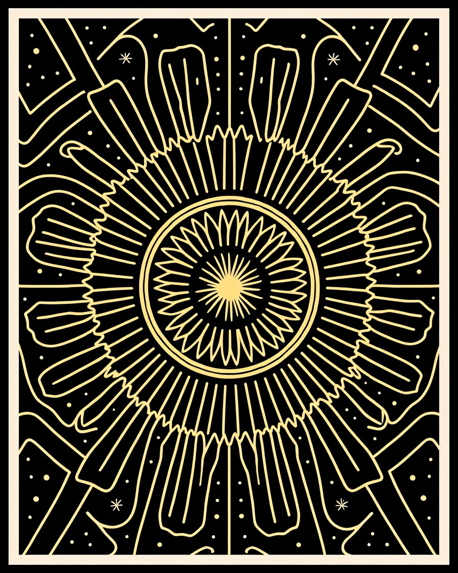 Black Golden Sunburst Mandala Lines Rug