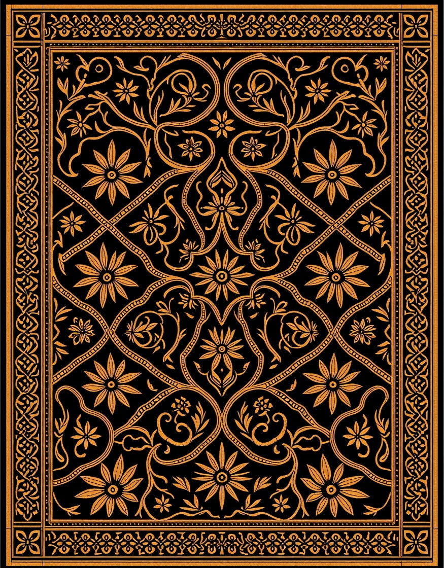 Ornate Gold Floral Vines Black Rug