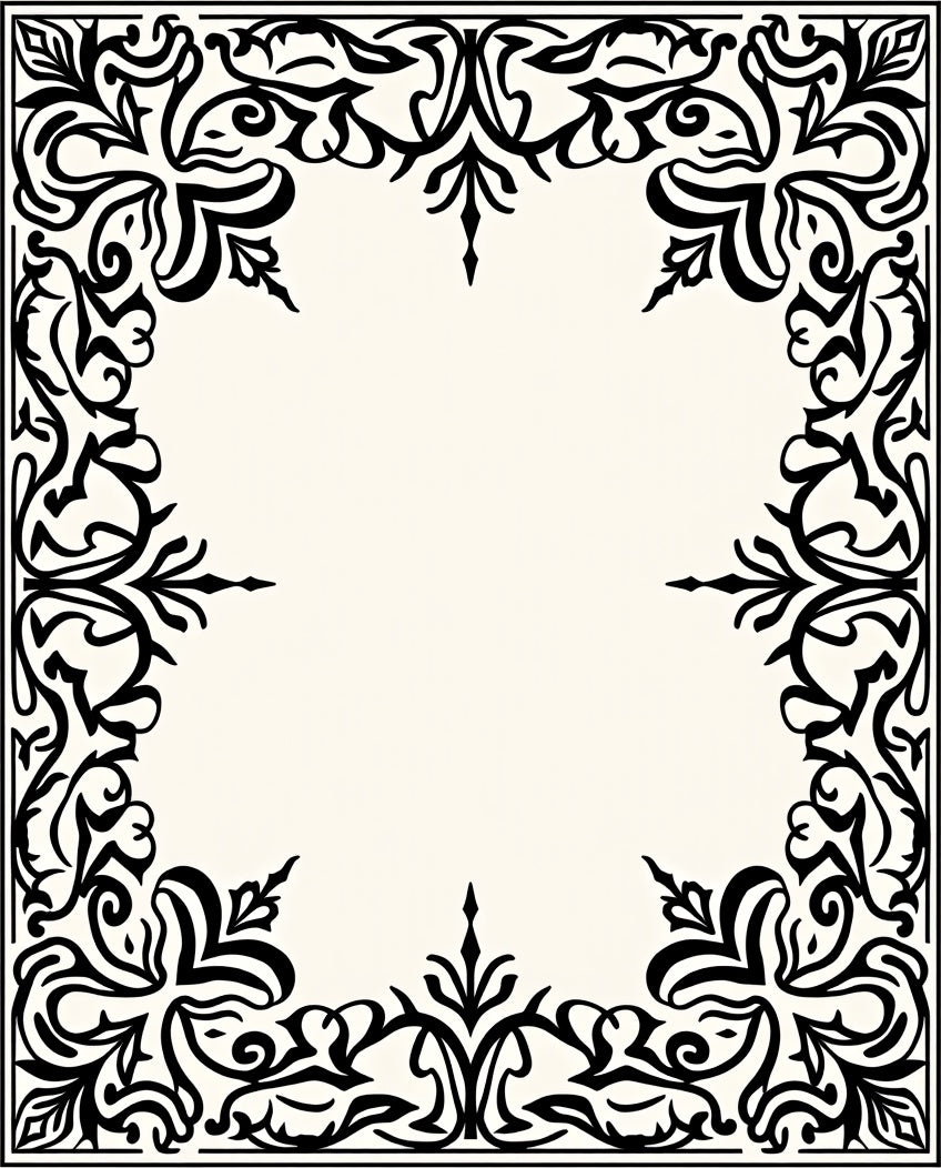 Elegant Black White Floral Arabesque Border Rug