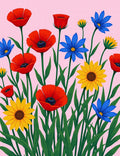 Vibrant Red Poppies Yellow Sunflowers Blue Daisies Rug