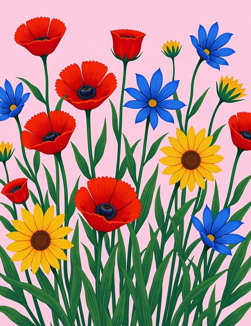 Vibrant Red Poppies Yellow Sunflowers Blue Daisies Rug